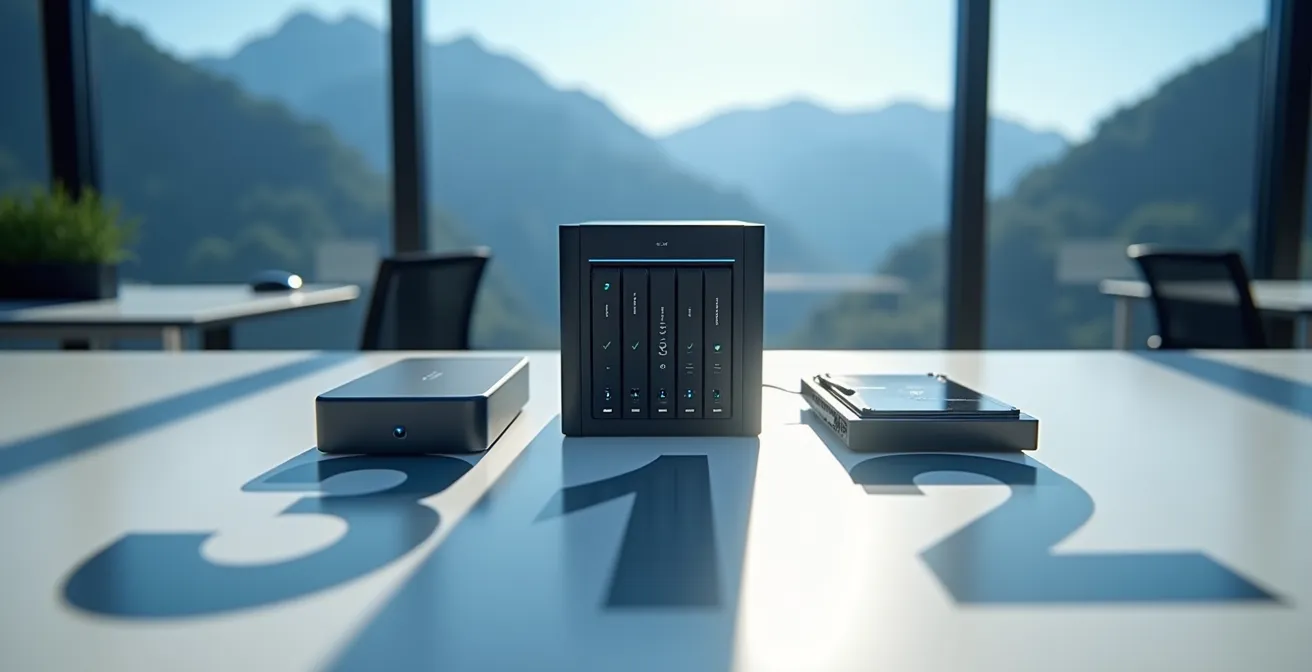 Visualisierung der 3-2-1 Backup-Regel mit Server, NAS und Cloud-Speicher in einem Schweizer Gemeindehaus