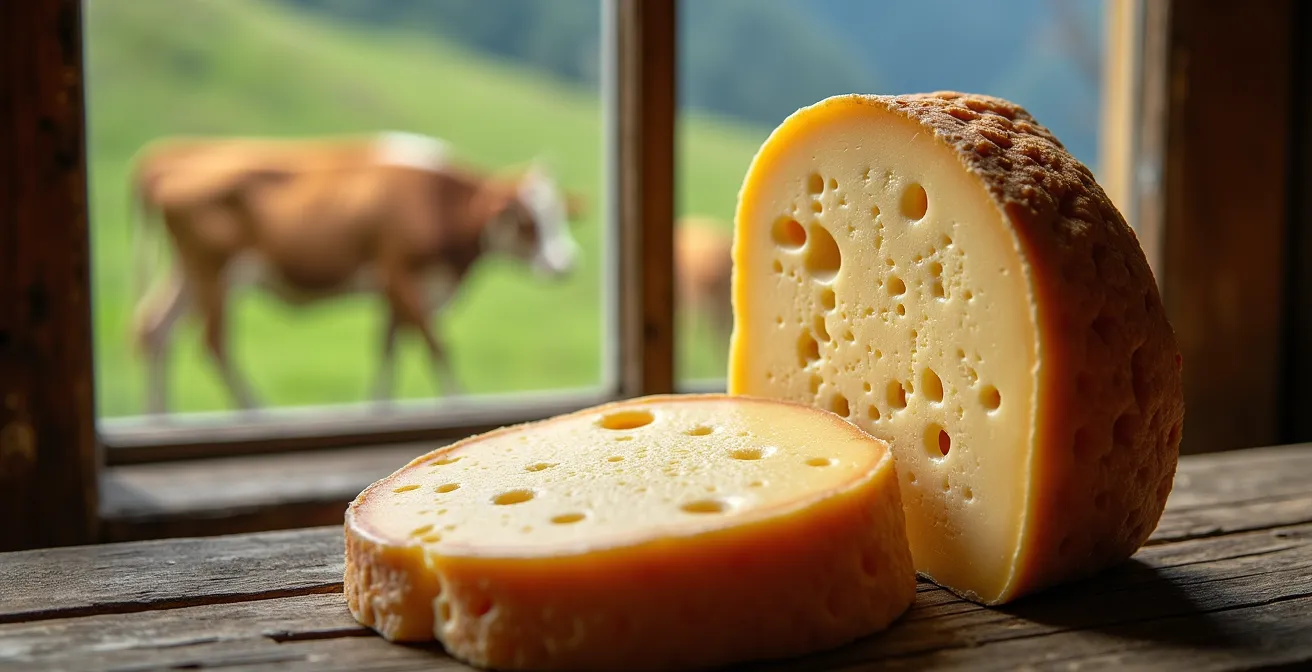 Käselaib mit Schweizer Pärke Label vor Alpwiese mit grasenden Kühen