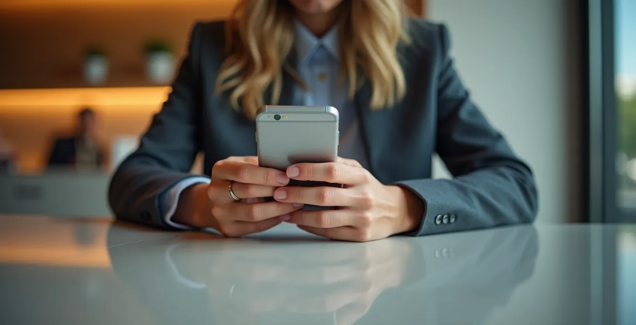 Hand hält Smartphone in moderner Schweizer Bankfiliale mit verschwommenem Hintergrund