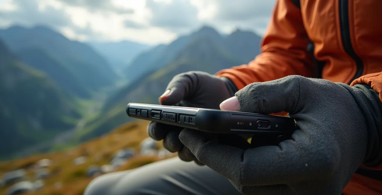 Wanderer prüft Wetter-App auf Berggipfel mit dramatischem Wolkenhimmel