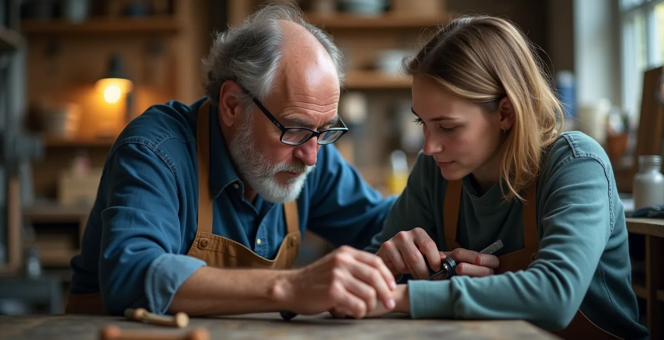 Lernende und Ausbilder arbeiten gemeinsam mit digitalen und analogen Lernmitteln