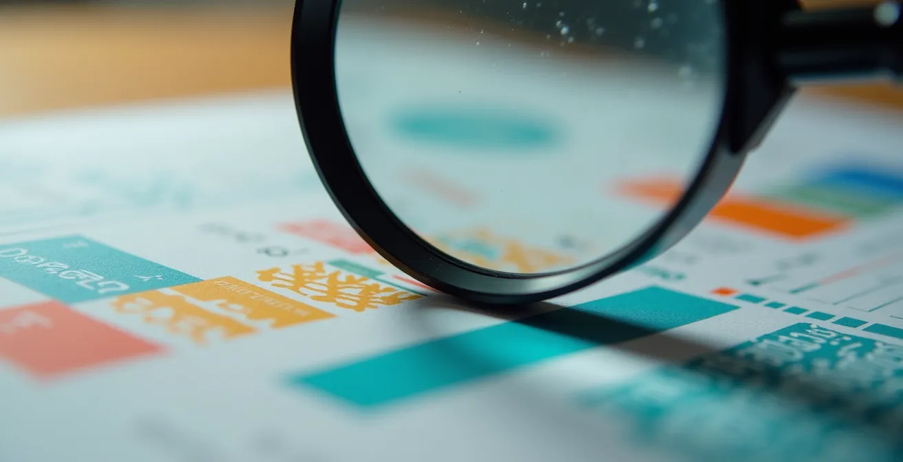 Detailaufnahme von Prüfdokumenten mit Lupe und Markierungen