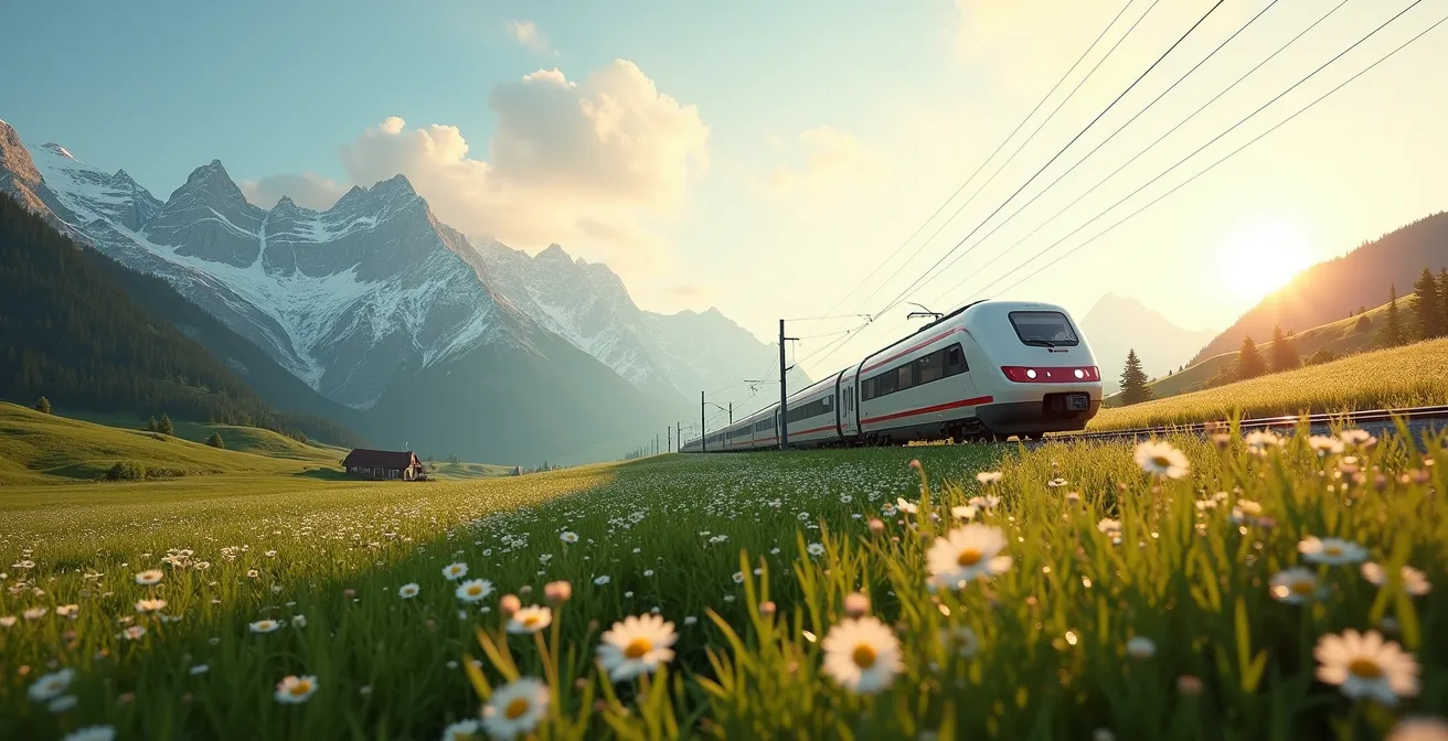 Ein moderner Schweizer Zug fährt durch eine weite, grüne Alpenlandschaft, was die Harmonie von nachhaltigem Verkehr und Natur symbolisiert.