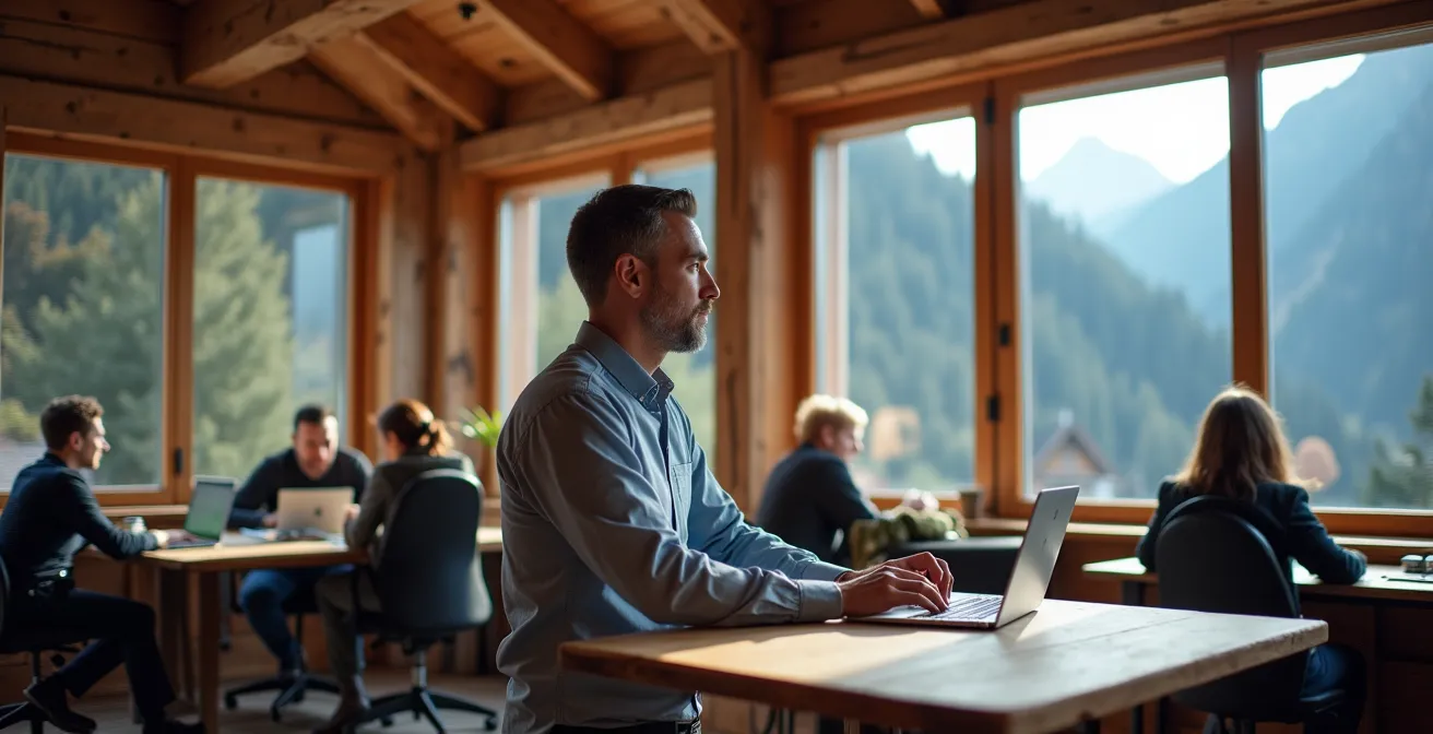 Moderner Arbeitsplatz mit Bergblick in einem alpinen Coworking Space