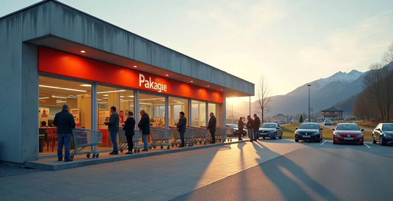 Paketabholstation an der deutsch-schweizerischen Grenze mit wartenden Kunden