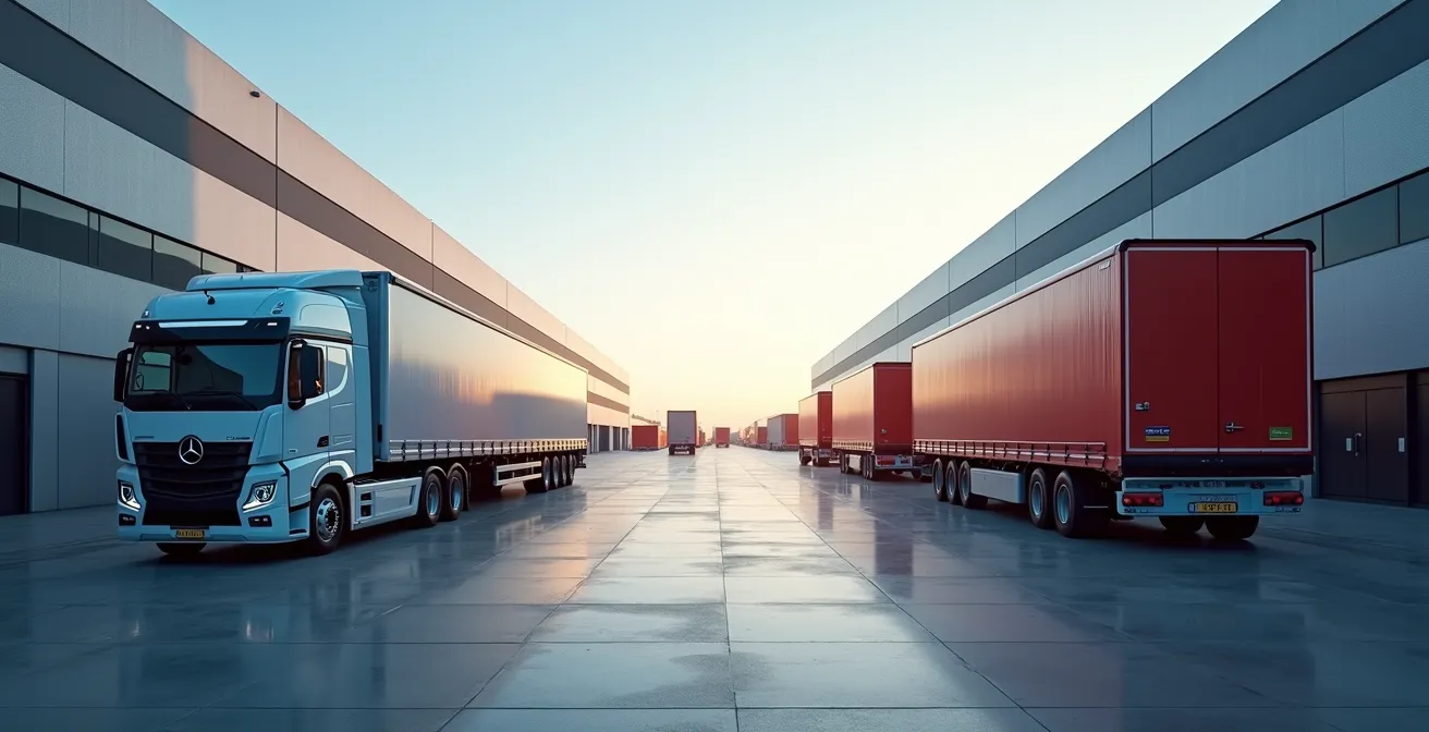 Modernes Logistikzentrum mit Schweizer und deutschen Fahrzeugen