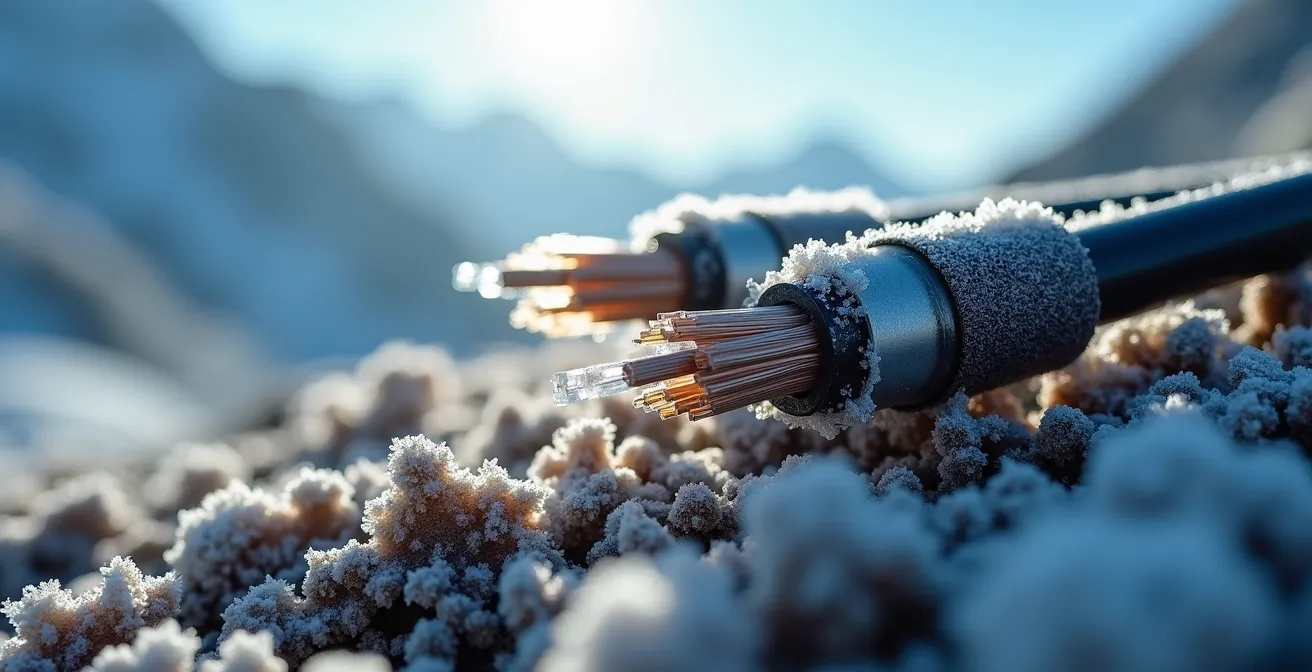 Moderne Infrastruktur-Integration in alpiner Landschaft mit Fokus auf Glasfaserkabel und Stromleitungen