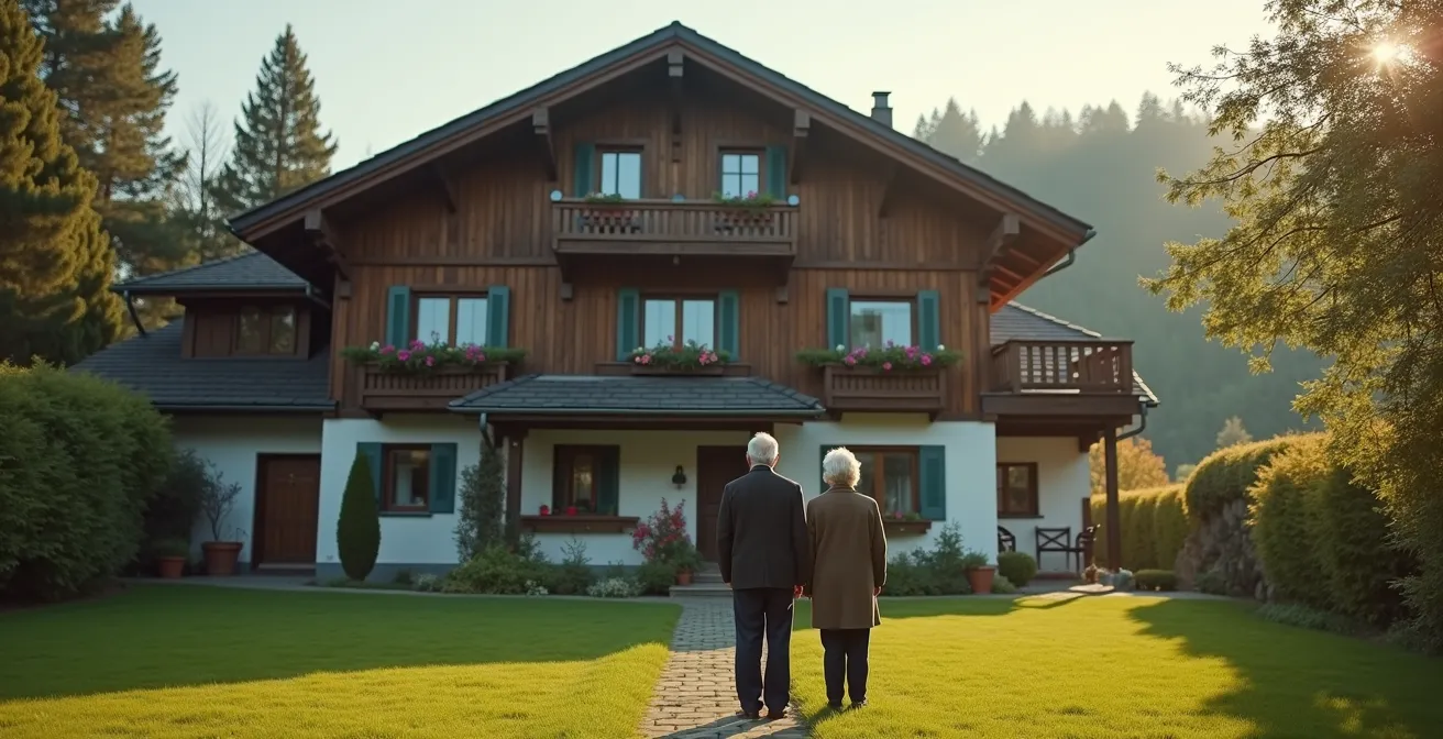 Älteres Ehepaar vor grossem Einfamilienhaus mit Garten in der Schweiz