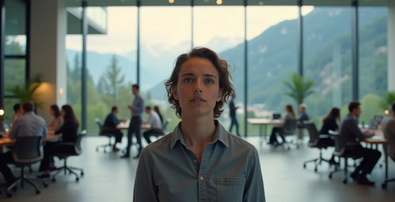 Junger ETH-Absolvent an einer Wegkreuzung zwischen modernem Startup-Büro und Google-Campus in Zürich