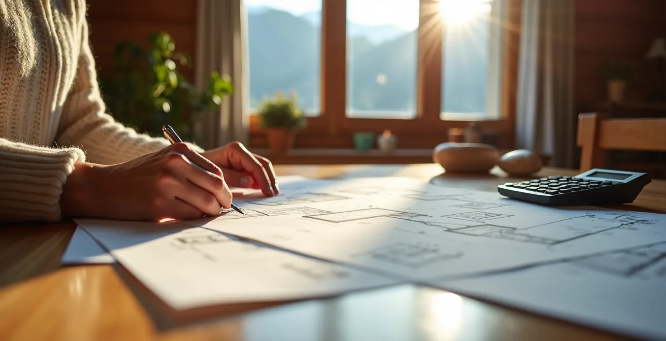 Arbeitsplatz mit Förderantragsunterlagen und Bauplan für Gebäudesanierung