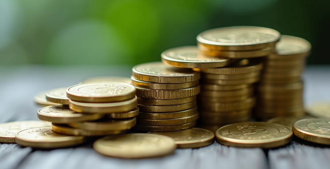 Makroaufnahme von Schweizer Franken Münzen mit unscharfem Finanzbericht im Hintergrund