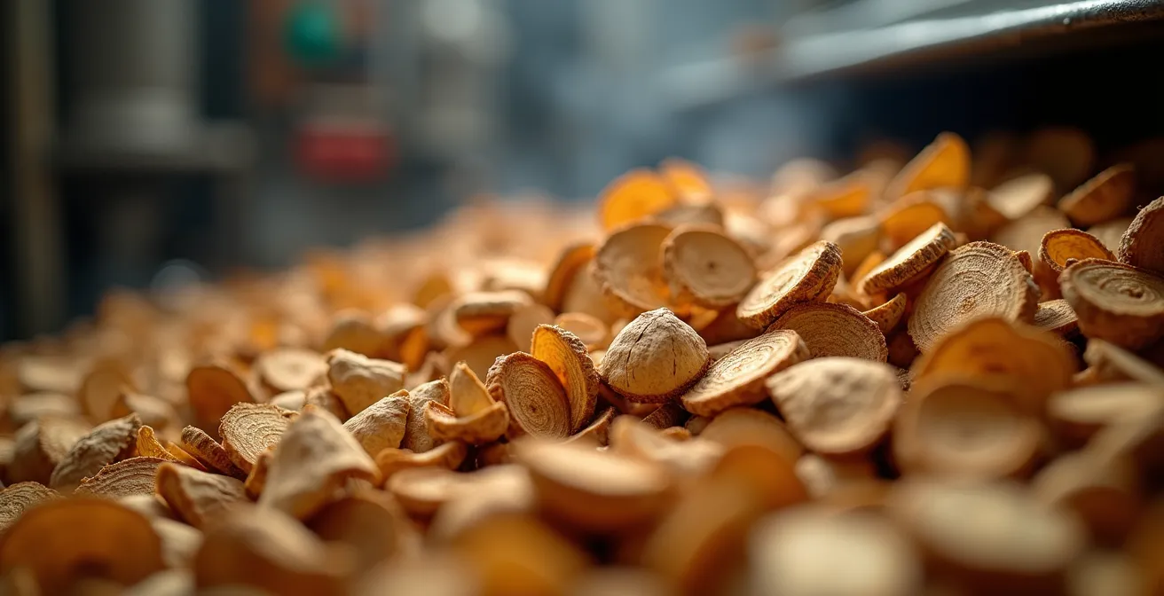 Moderne Holzschnitzelheizungsanlage mit Lagersilos in Schweizer Industriehalle