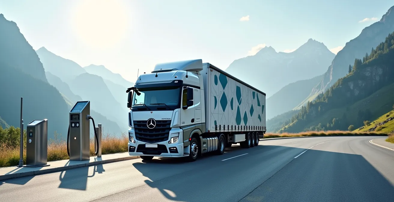 Wasserstoff-LKW auf einer Schweizer Bergstrasse mit Tankstelleninfrastruktur