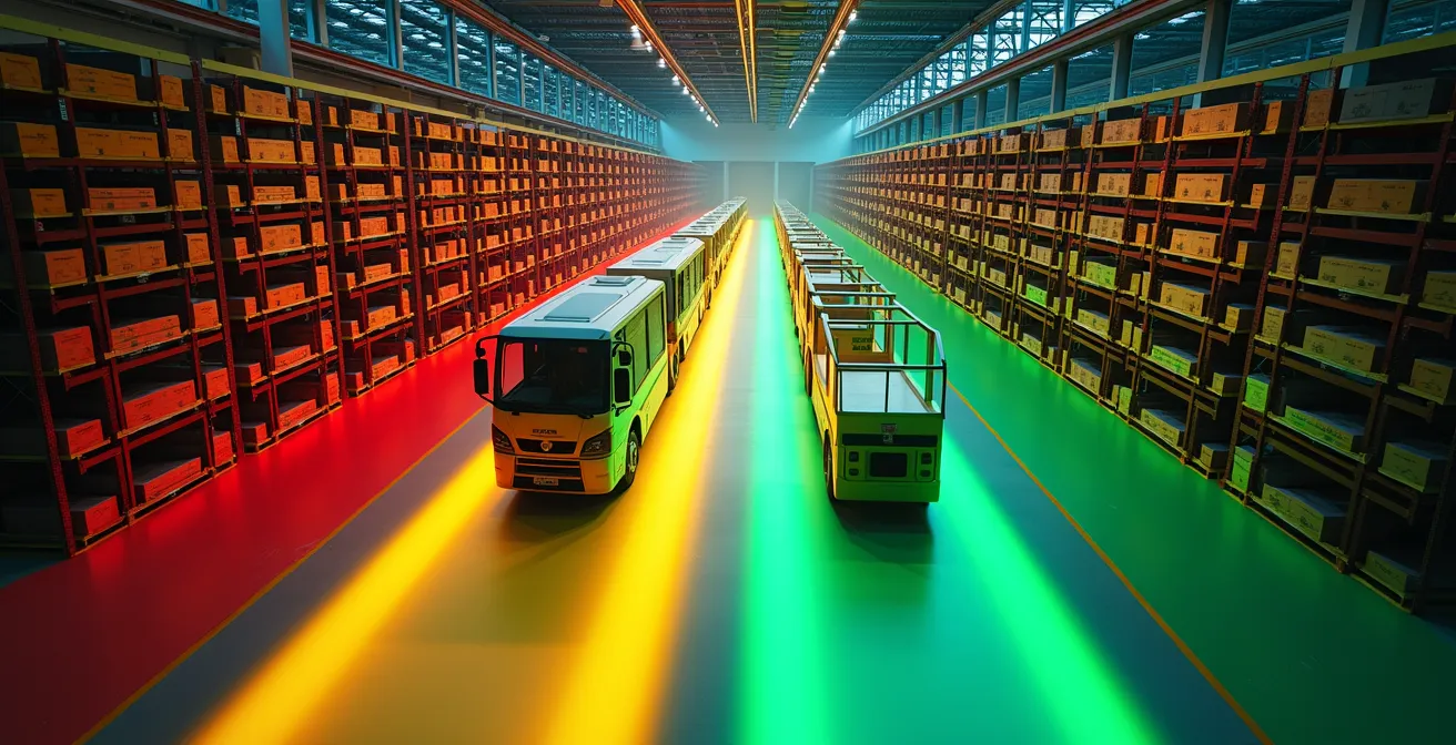 Vogelperspektive eines modernen Schweizer Lagers mit farbkodierten Zonen, die eine intelligente ABC-Analyse der gelagerten Güter andeuten.