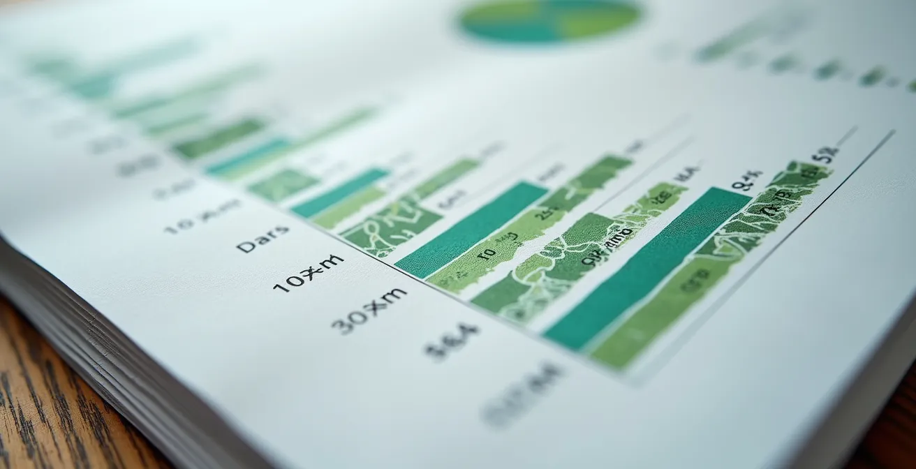 Makroaufnahme von nachhaltigen KPI-Dashboards mit Fokus auf Texturen und Datenpunkten