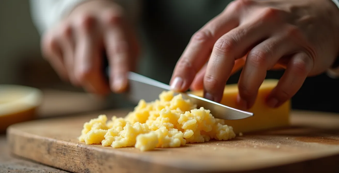Nahaufnahme von Händen beim Schneiden von würzigem Schweizer Alpkäse auf einem Holzbrett.