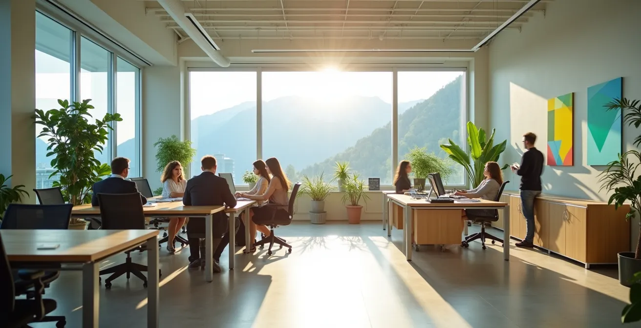 Weitwinkelaufnahme eines nachhaltigen Schweizer Büroraums mit Mitarbeitern in Bewegung