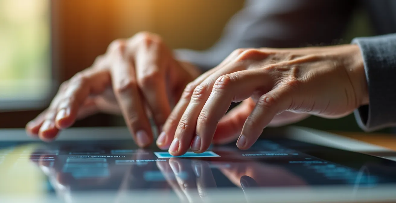 Nahaufnahme von Händen verschiedener Generationen, die gemeinsam an einem digitalen Gerät arbeiten