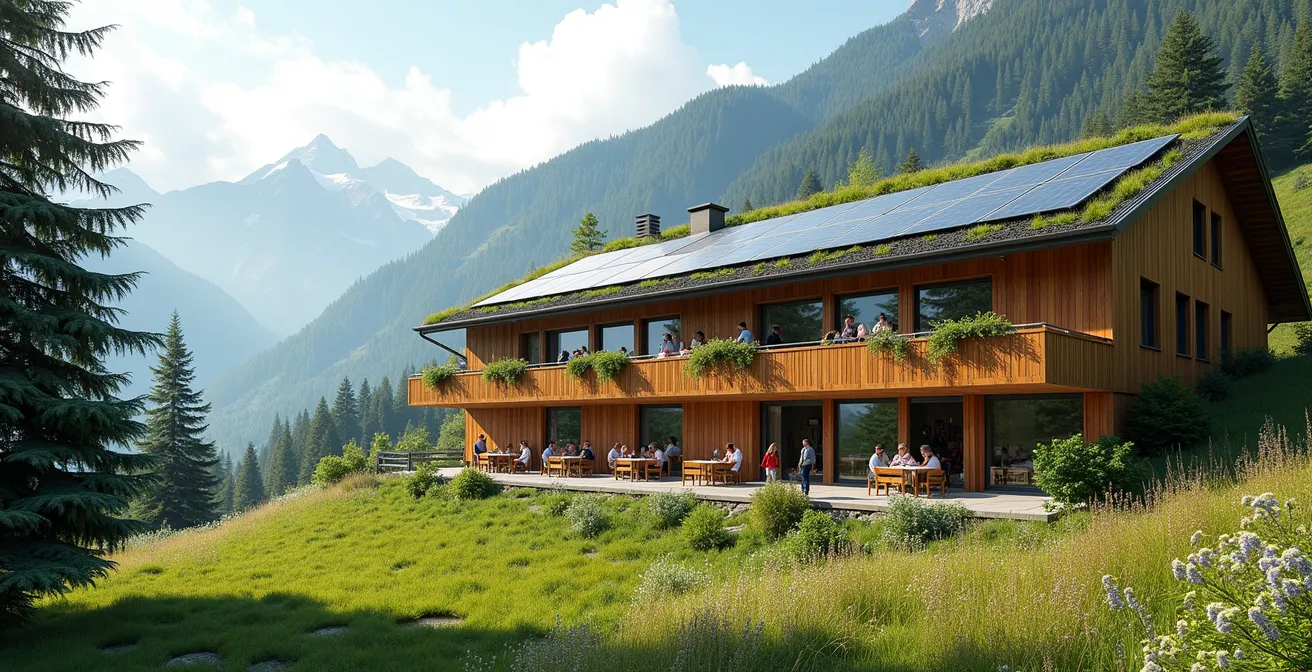 Nachhaltiges Schweizer Hotel harmonisch in Naturlandschaft integriert