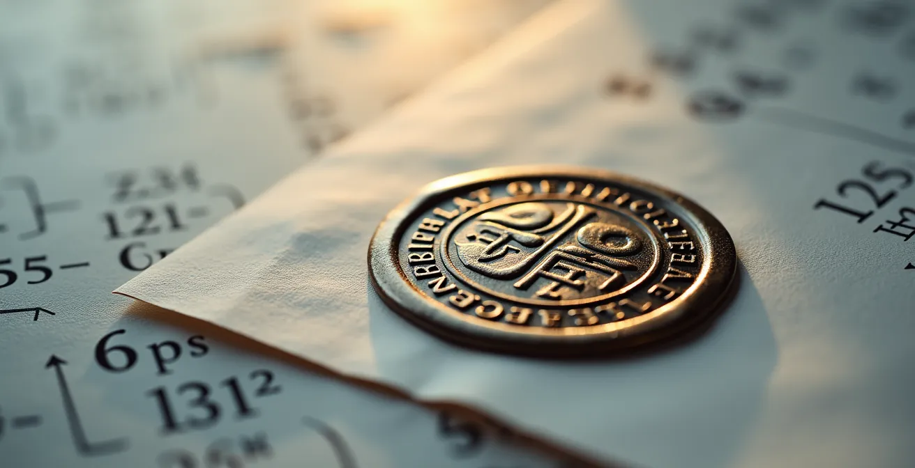 Makroaufnahme eines Schweizer Patentdokuments mit Berechnungsformeln im Hintergrund