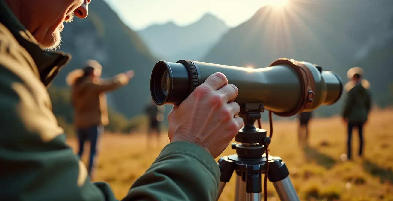 Ranger zeigt Besuchern durch ein Spektiv Steinböcke in den Schweizer Bergen