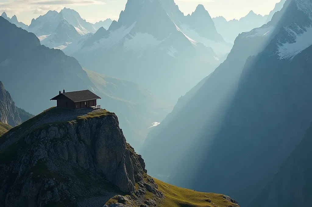 Weite Alpenlandschaft mit einsamer Berghütte zeigt Kontrast zwischen Natur und digitaler Isolation