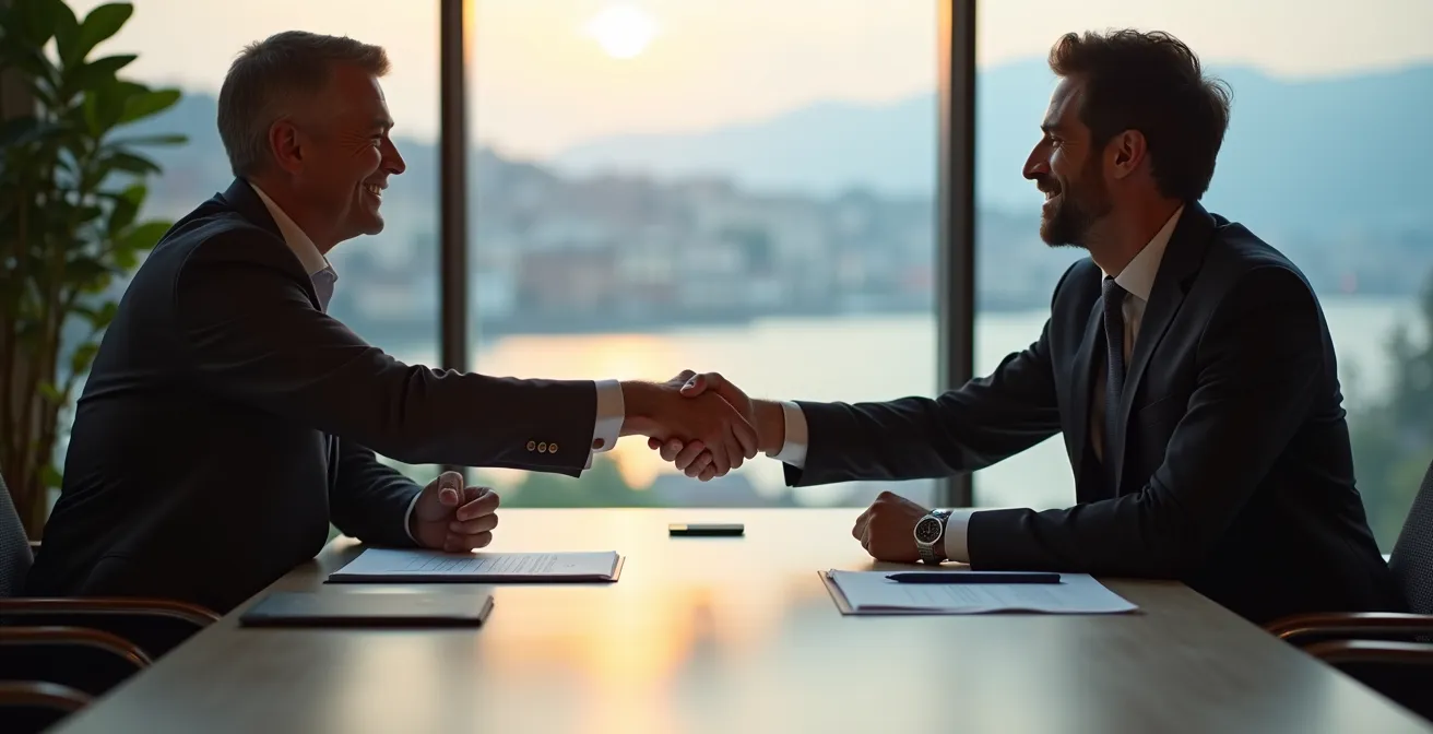 Geschäftsverhandlung in modernem Schweizer Konferenzraum mit Blick auf Basel
