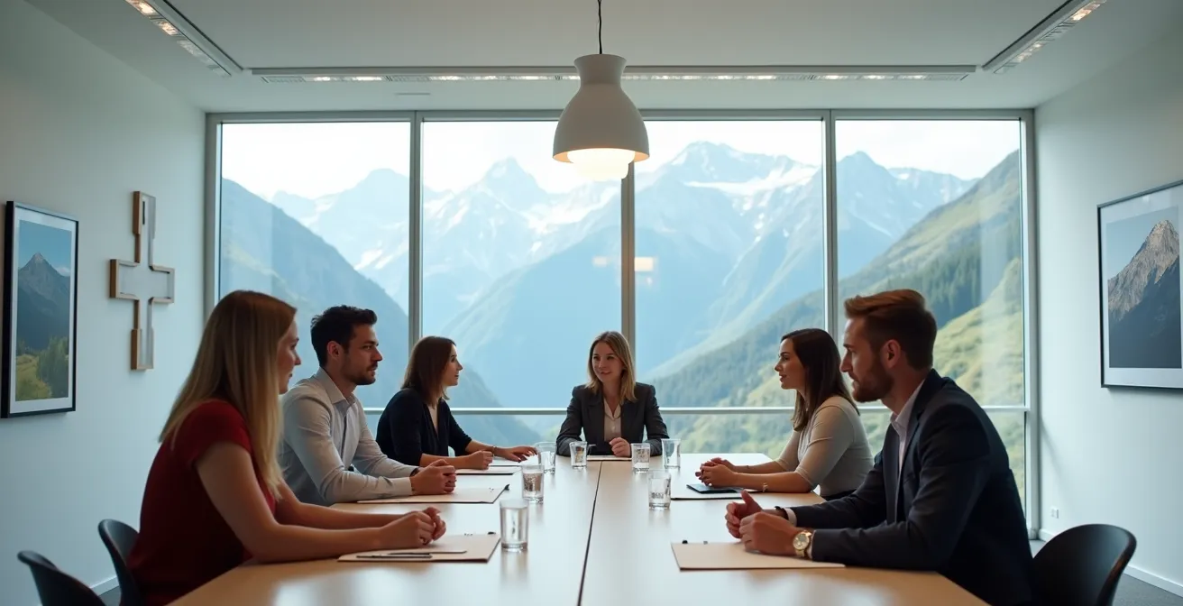 Weitwinkelaufnahme eines diversen Teams in modernem Schweizer Büro mit Bergblick