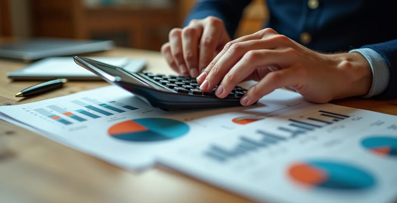 Nahaufnahme von Händen mit Taschenrechner und abstrakten Diagrammen auf Schweizer Holztisch