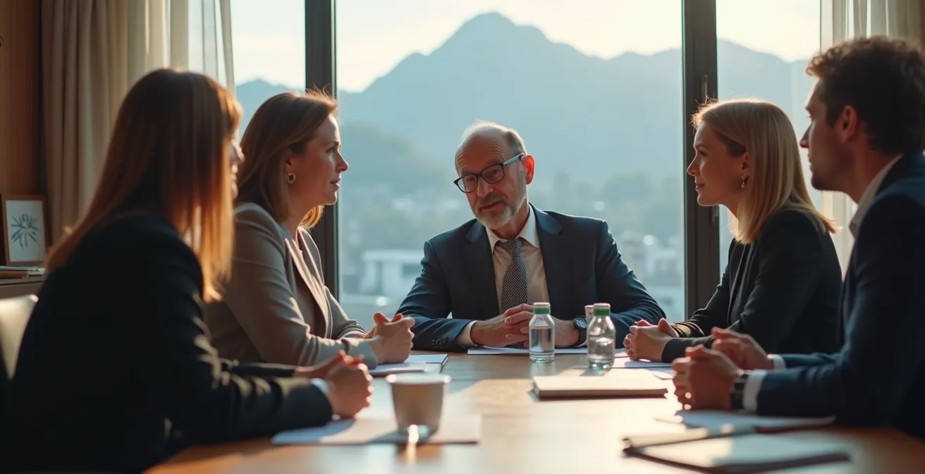 Geschäftsleute beim konsensorientierten Austausch mit Schweizer Bergpanorama
