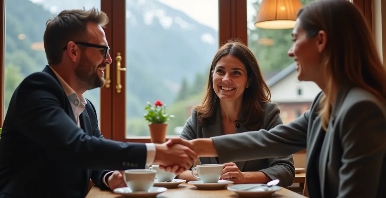 Geschäftsmann und Kunde schütteln sich die Hände in einem gemütlichen Schweizer Café mit Alpenpanorama