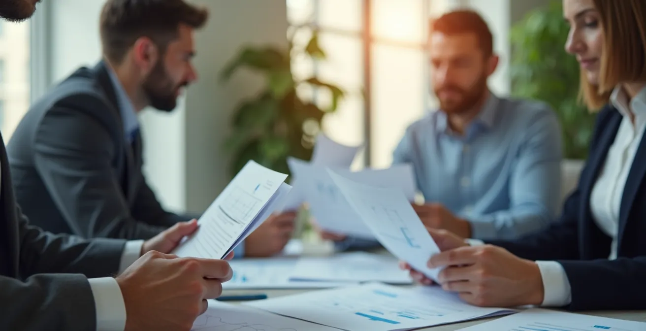 Detailaufnahme von Händen beim Studium von ESG-Berichten mit unscharfem Büro im Hintergrund