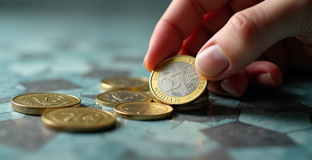 Hand hält Schweizer Franken Münzen über abstrakten Preisstaffelungen in einem modernen Schweizer Büro