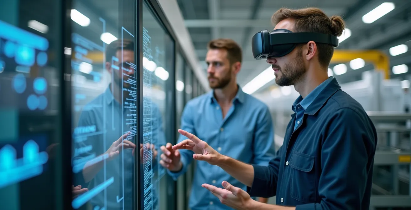 Schweizer Ingenieur mit AR-Brille in moderner osteuropäischer Produktionshalle, der mit einem lokalen Techniker zusammenarbeitet.