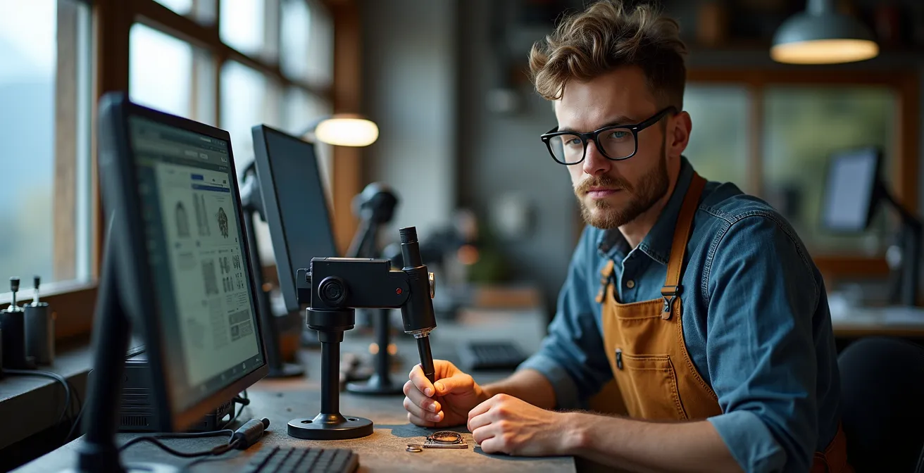 Junge Uhrmacherin arbeitet mit digitalem Mikroskop und traditionellen Werkzeugen
