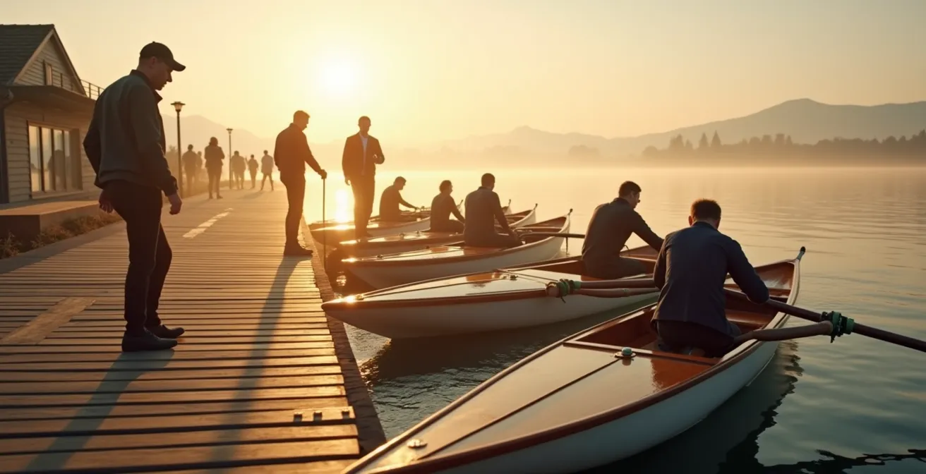 Geschäftsleute beim informellen Networking im traditionellen Schweizer Ruderclub am Zürichsee