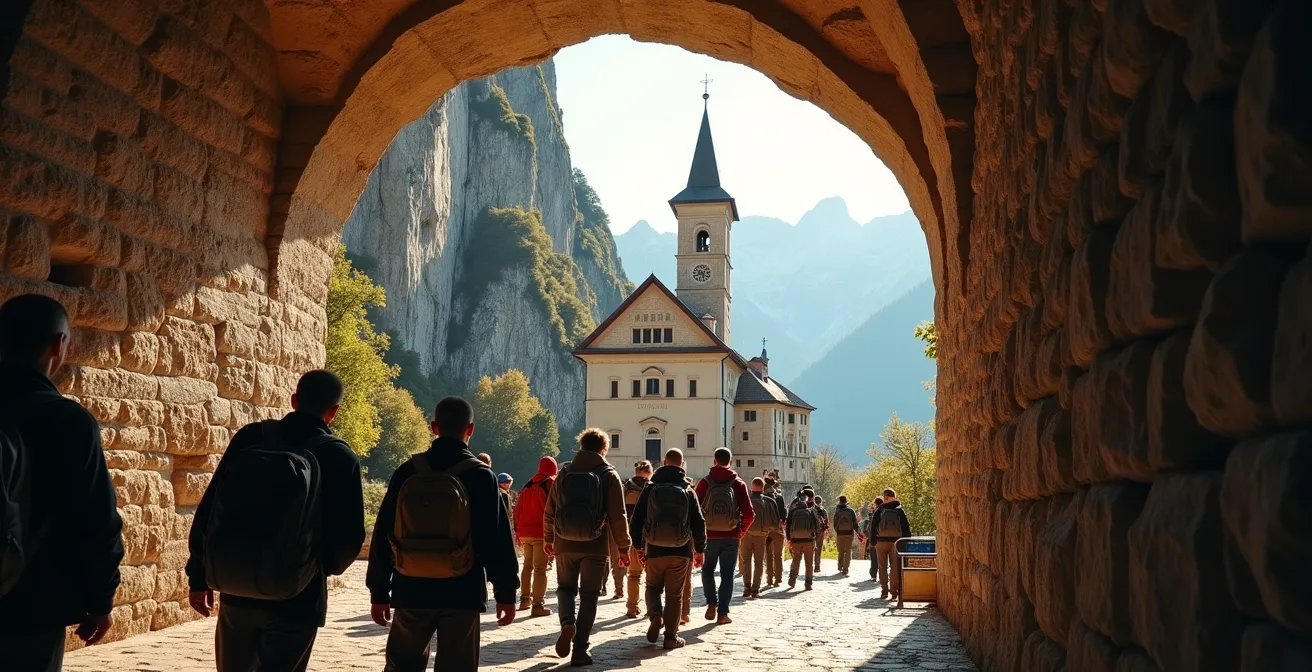 Abtei Saint-Maurice unter der Felswand mit ankommenden Pilgern