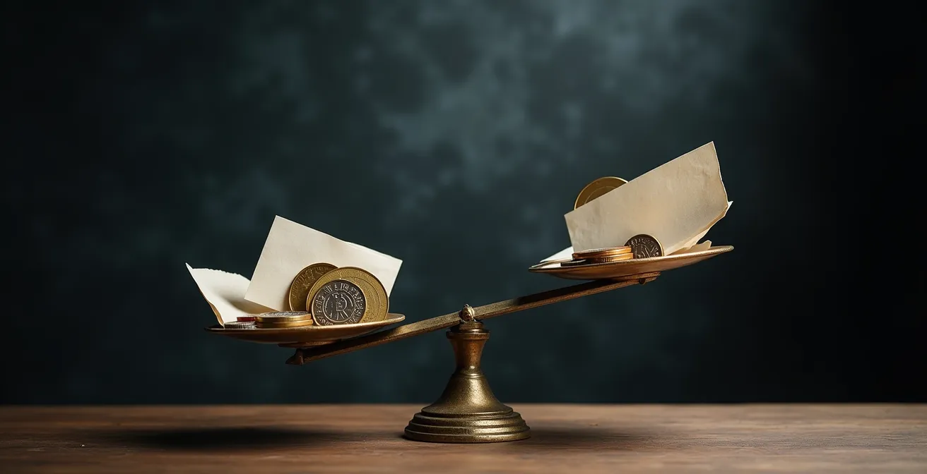 Symbolische Darstellung der Risikoanalyse mit Balance zwischen Dokumenten und Zahlen