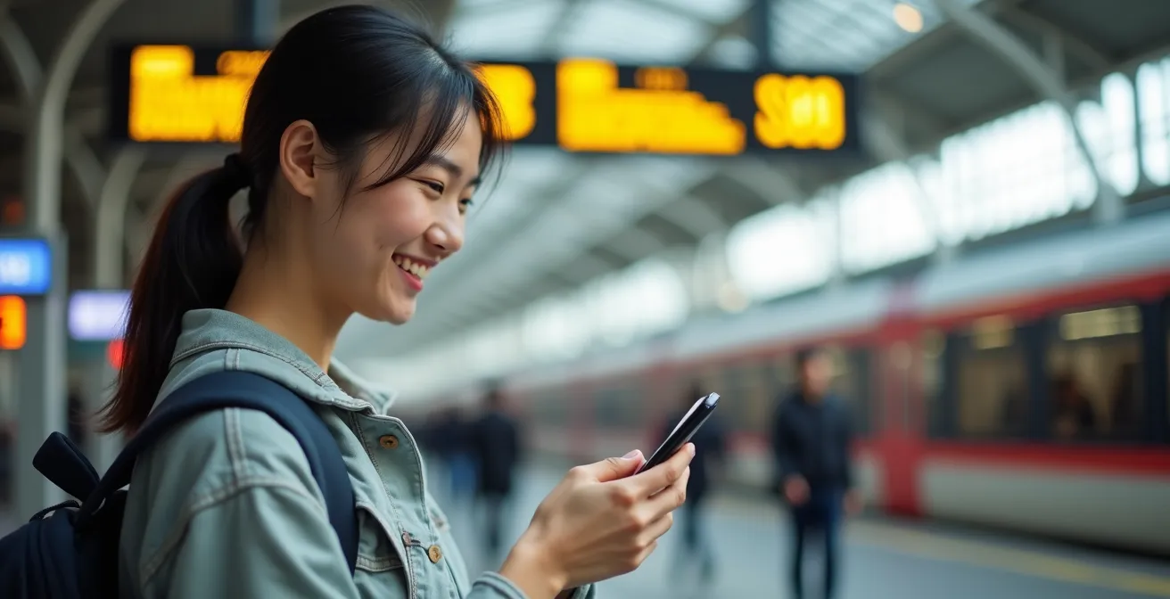 Tourist checkt mit Smartphone in SBB EasyRide ein am Zürcher Hauptbahnhof