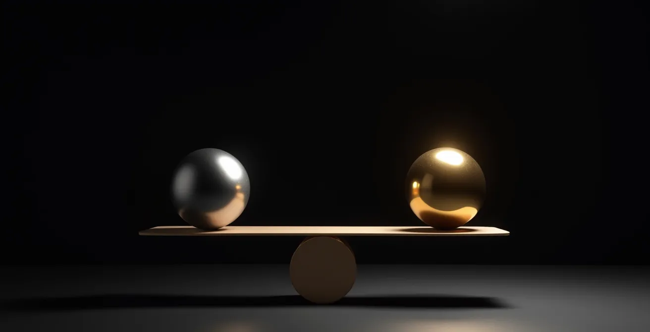 Abstrakte Darstellung der Token-Klassifizierung mit geometrischen Formen einer Waage, die einen Utility-Token und einen Anlage-Token im Gleichgewicht hält.