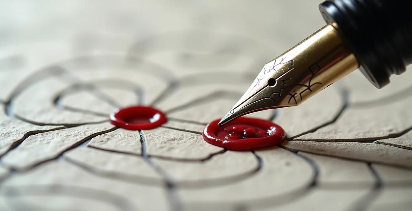 Makroaufnahme von Vertragsdetails mit symbolischen Elementen