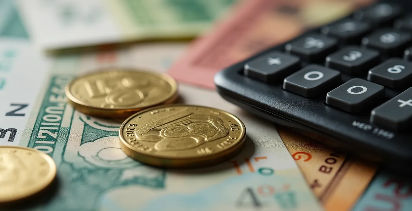 Makroaufnahme von Schweizer Franken Münzen und verschwommenen Paketetiketten