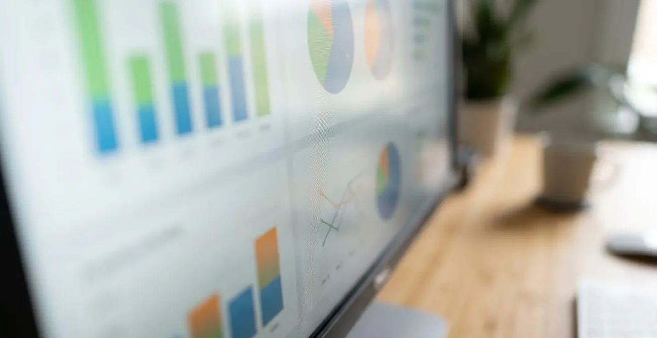 Nahaufnahme eines Computerbildschirms mit verschwommenen Grafiken und Datenvisualisierungen eines Vergleichs-Dashboards