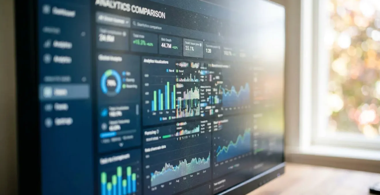 Nahaufnahme eines Computerbildschirms mit verschwommenen Grafiken und Datenvisualisierungen eines Vergleichs-Dashboards