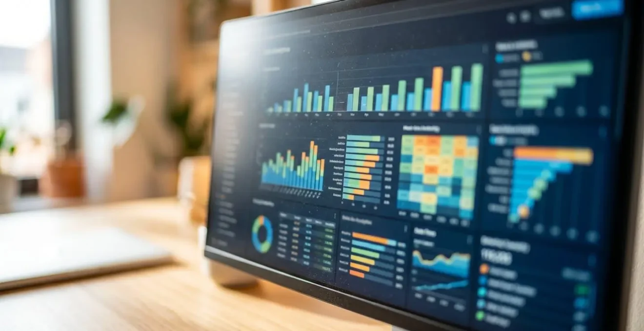 Nahaufnahme eines Computerbildschirms mit verschwommenen Grafiken und Datenvisualisierungen eines Vergleichs-Dashboards