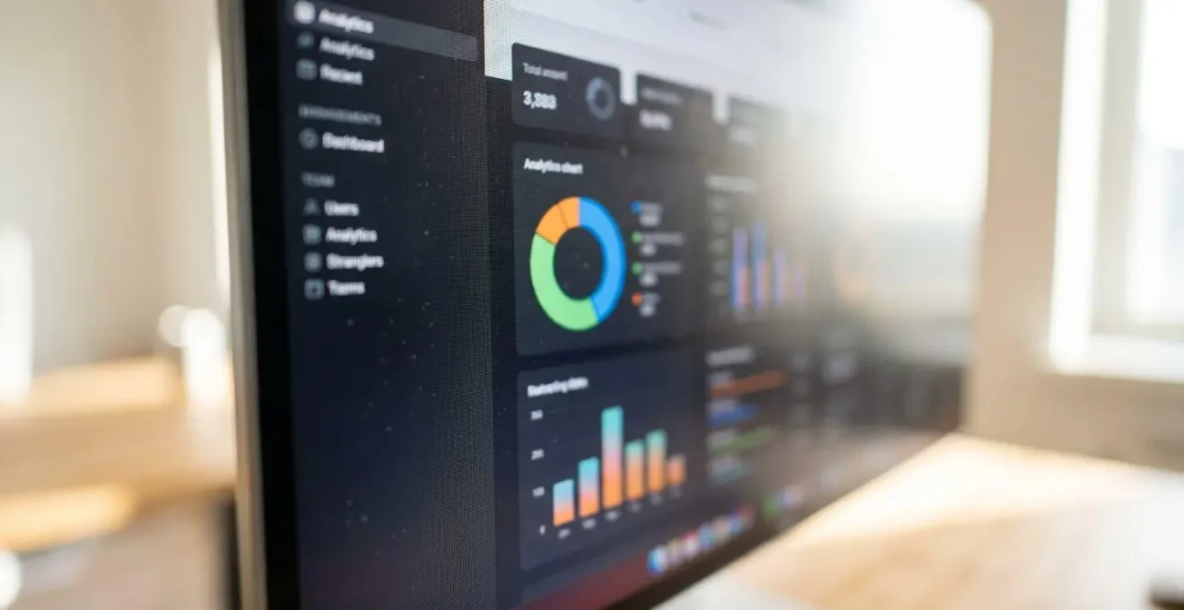 Nahaufnahme eines Computerbildschirms mit verschwommenen Grafiken und Datenvisualisierungen eines Vergleichs-Dashboards