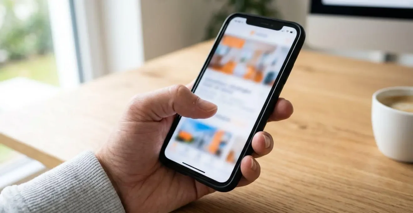 Eine Hand hält ein Smartphone mit einer Immobilien-App, der Bildschirm ist vollständig unscharf, heller Hintergrund mit Bokeh-Effekt