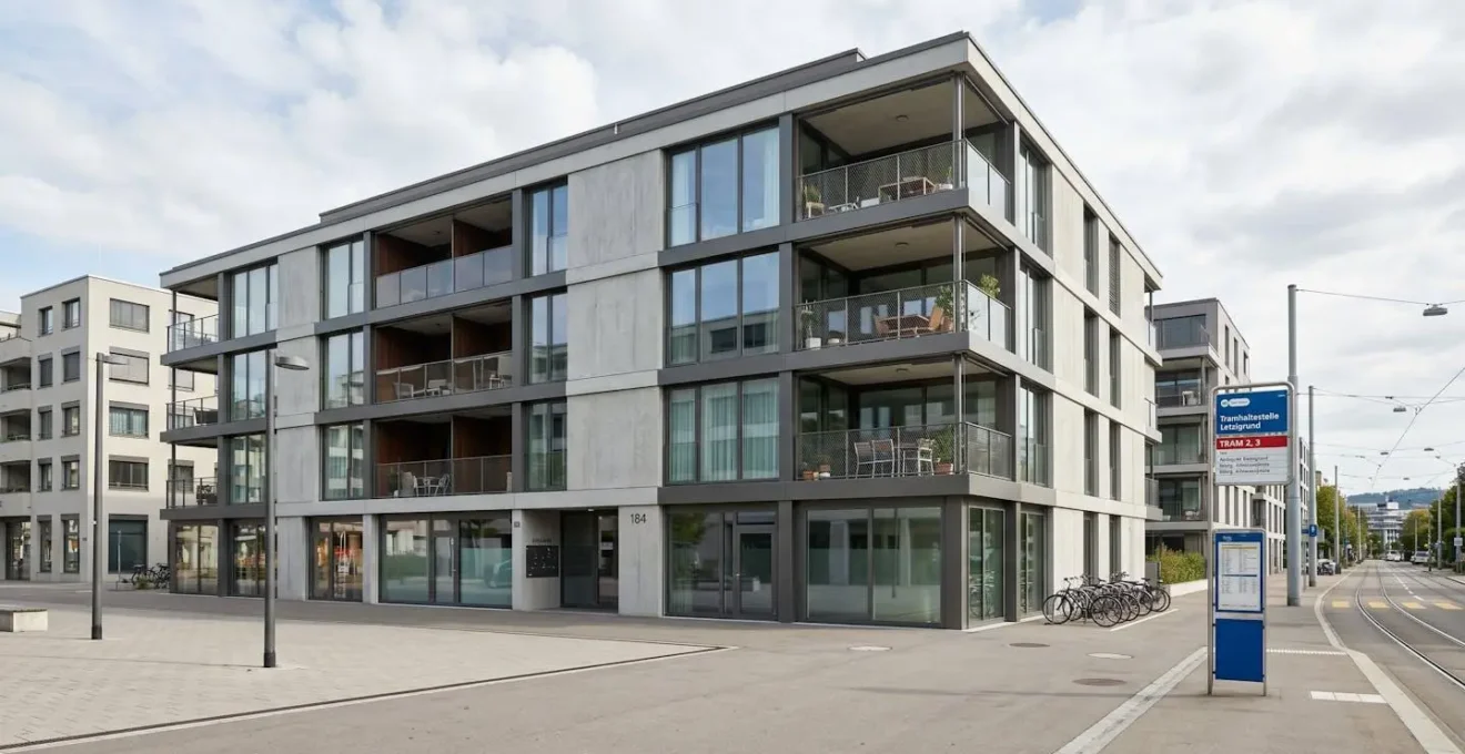 Moderne Schweizer Wohnarchitektur mit klaren Linien und grossen Fenstern, aufgenommen bei Tageslicht in Bern