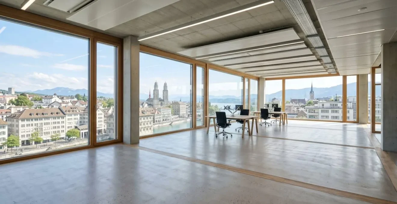 Weitwinkelaufnahme eines hellen, zeitgenössischen Büroraums mit grossen Fenstern und klaren Linien, menschenleer