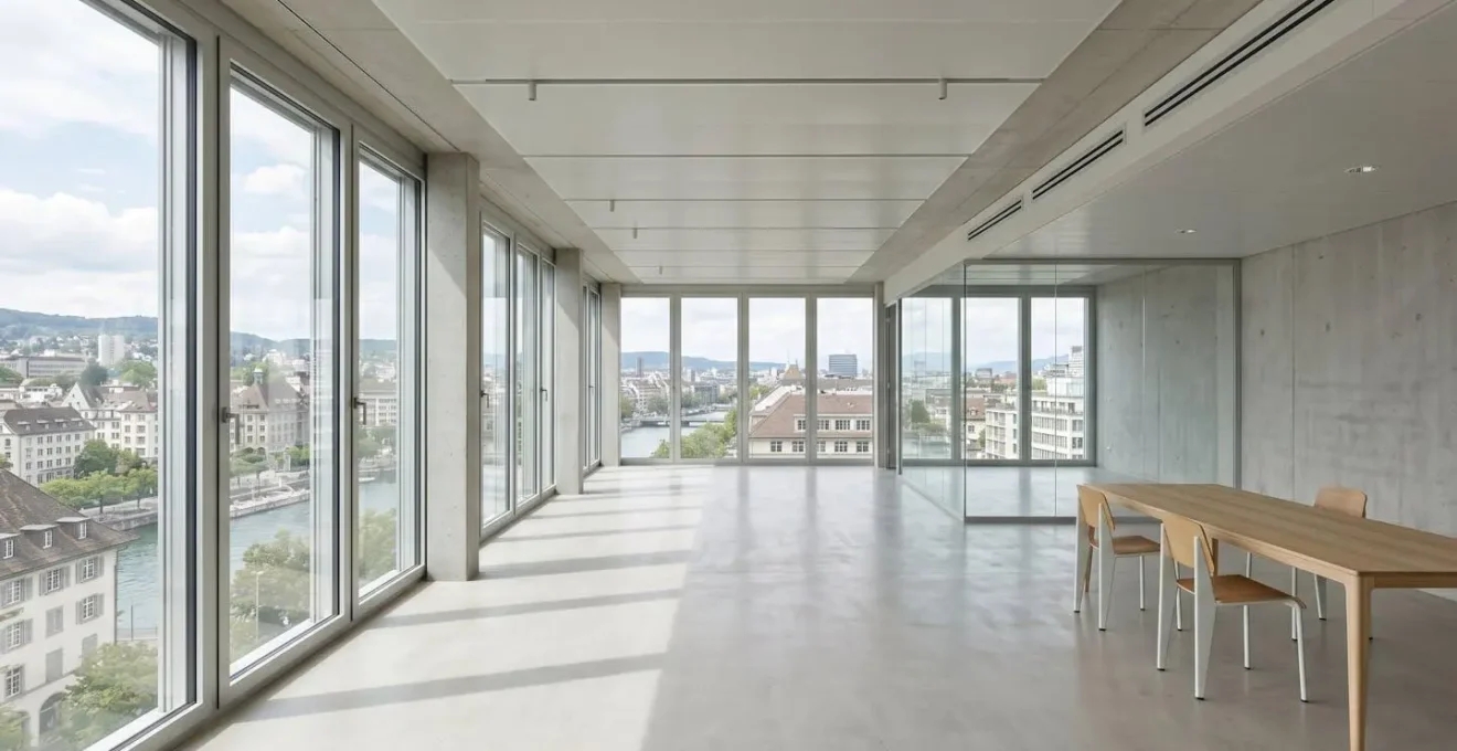 Weitwinkelaufnahme eines hellen, zeitgenössischen Büroraums mit grossen Fenstern und klaren Linien, menschenleer
